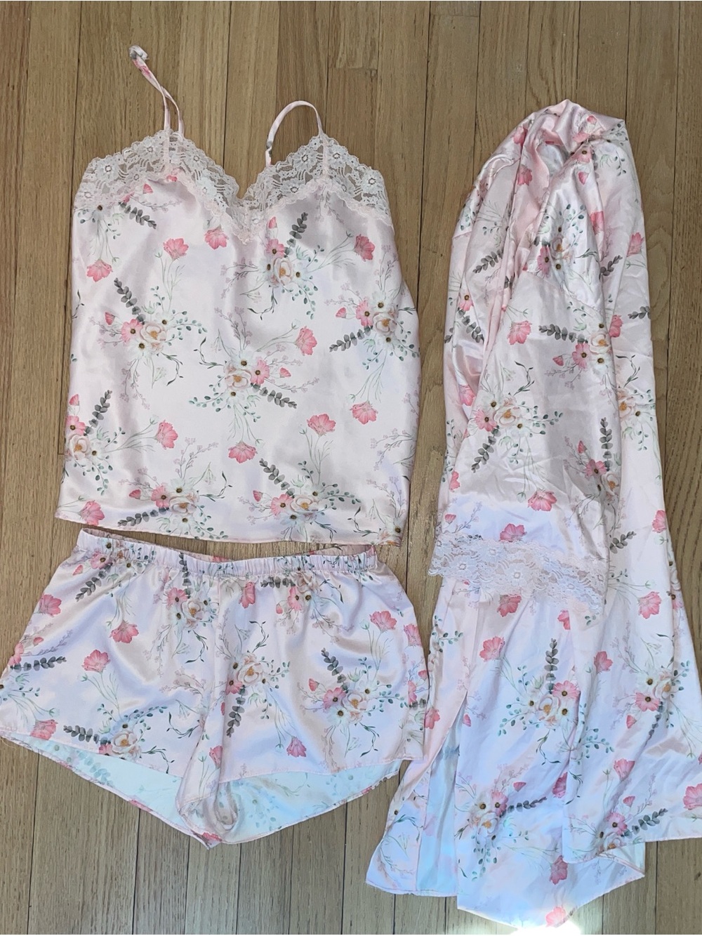 Flora Nikrooz Pink Floral Satin Lace-Trim Camisole, Shorts & Robe Set